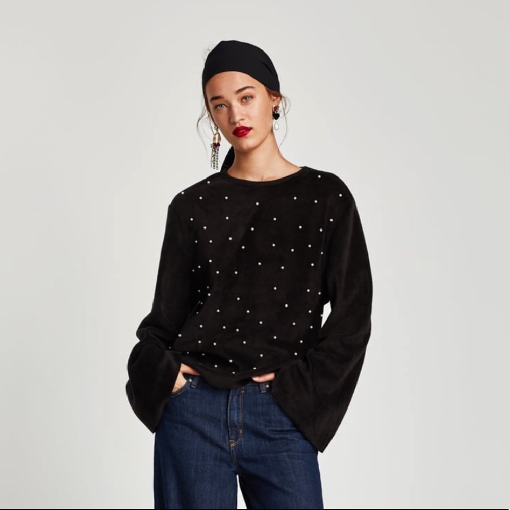 Zara Faux Fur Sweatshirt with Pearls